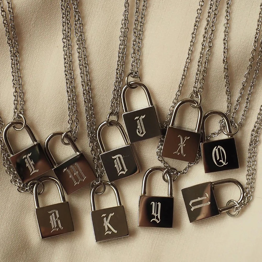 Personalized Initial Lock Necklace - Stainless Steel Old English Chain