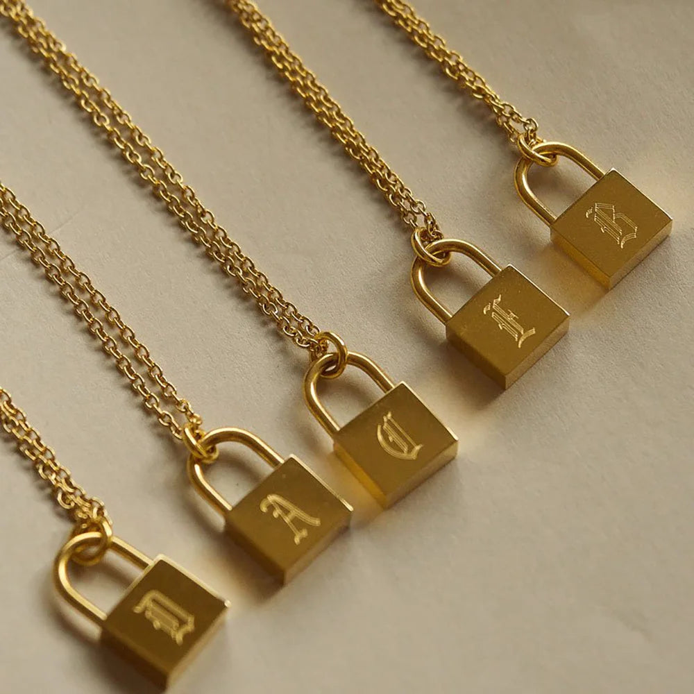 Personalized Initial Lock Necklace - Stainless Steel Old English Chain