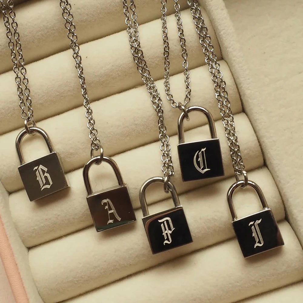 Personalized Initial Lock Necklace - Stainless Steel Old English Chain