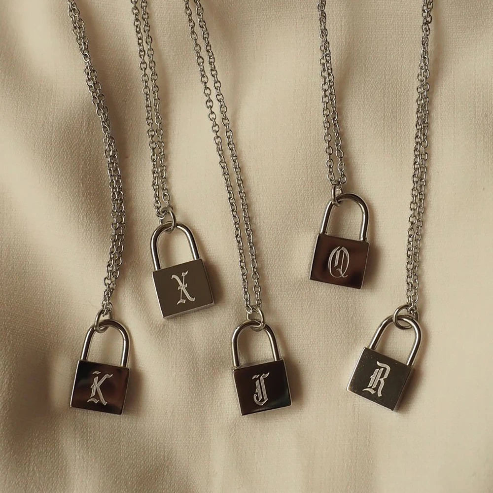 Personalized Initial Lock Necklace - Stainless Steel Old English Chain