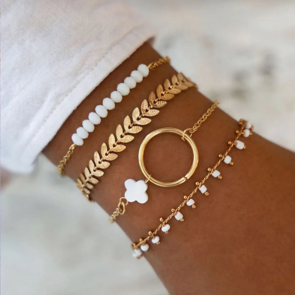 Bohemian Gold Color Leaves Bracelet Set - Elegant Women's Jewelry