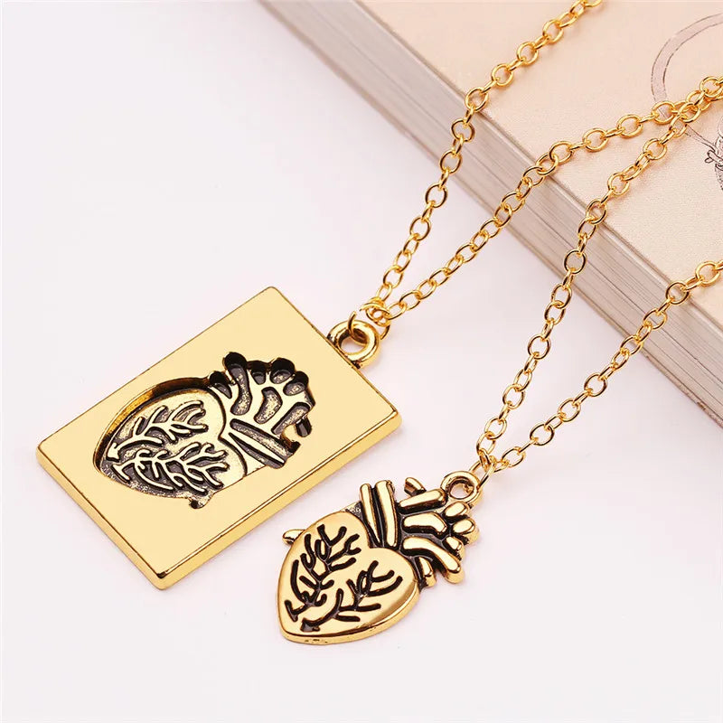 2pcs Set Vintage Jewelry Puzzle Mosaic Couple Statement Necklace Anatomical Heart Gold Plated Necklace Valentine Day Gift