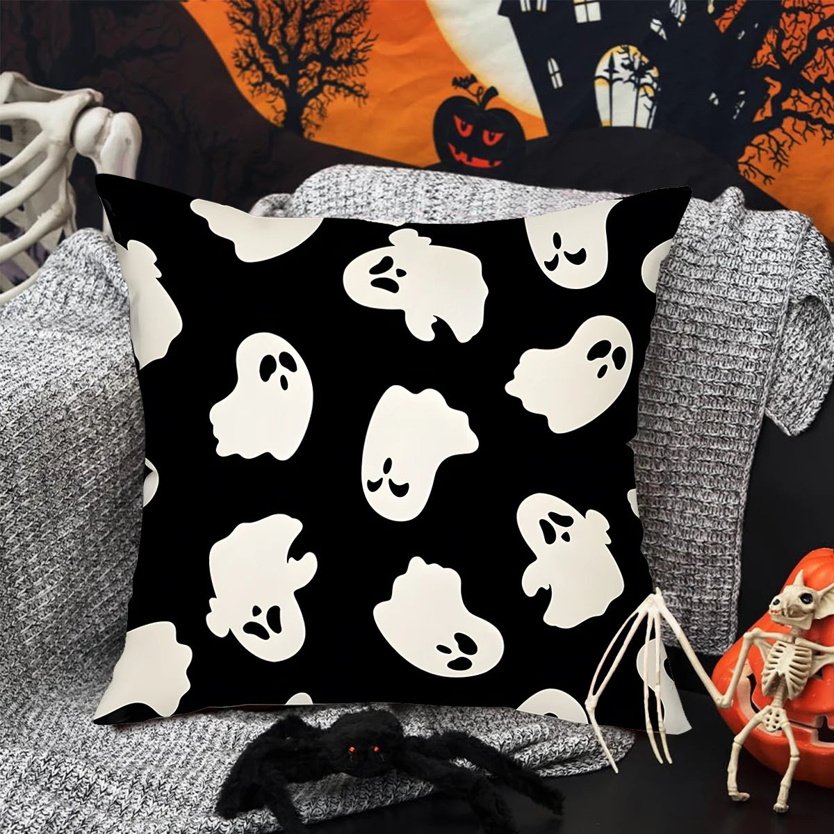 Halloween Linen Cushion Cover - Trick or Treat Theme with Cartoon Pumpkin & Ghost