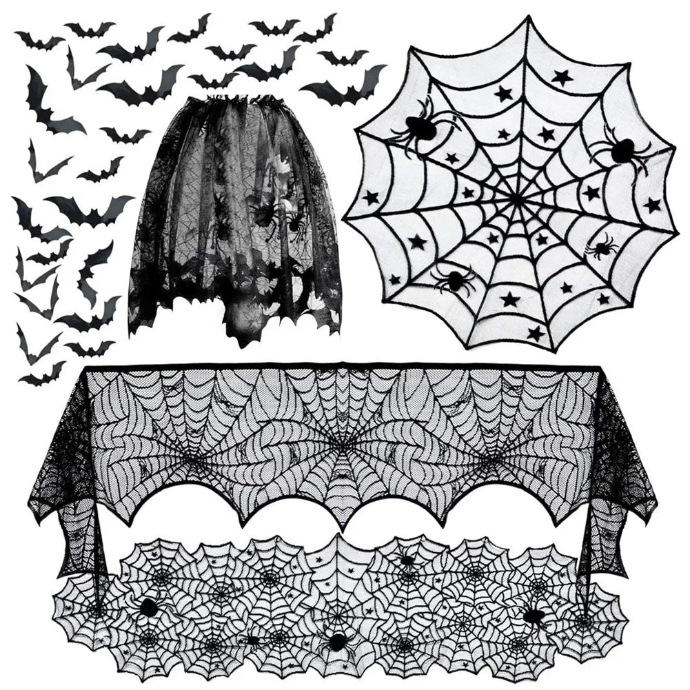 Haunted Halloween Spider Web Lace Tablecloth - Spooky Black Decor for Parties & Events