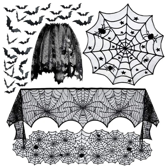 Haunted Halloween Spider Web Lace Tablecloth - Spooky Black Decor for Parties & Events