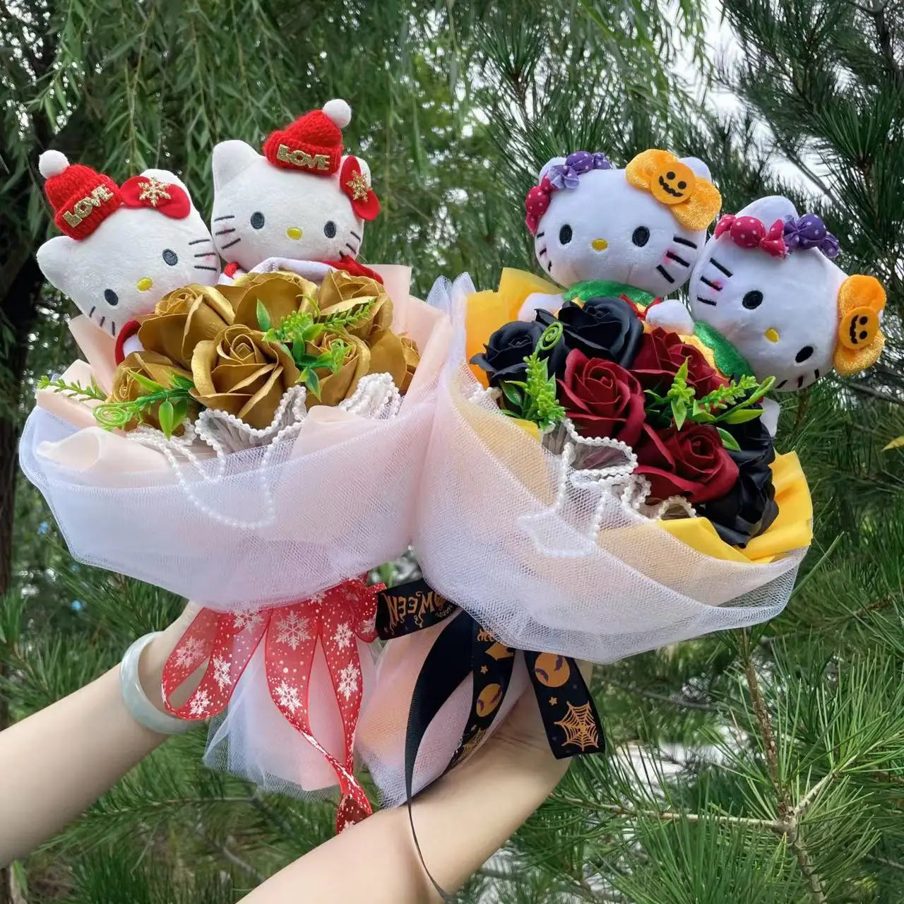 Hello Kitty Bouquet | Cute Cat Dolls with Artificial Flowers for All Occasions