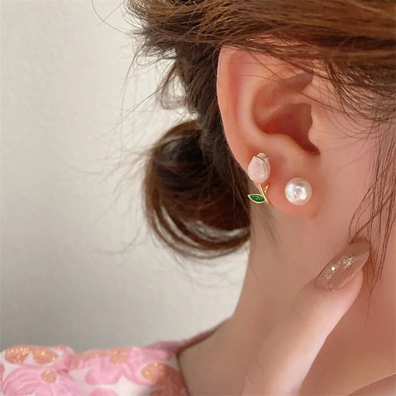 Tulip Flower Stud Earrings - Light Luxury Imitation Pearl Jewelry for Women