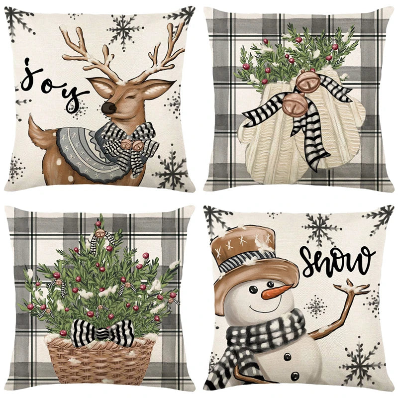 Decorative Linen Christmas Pillow Cover - Deer Tree Design