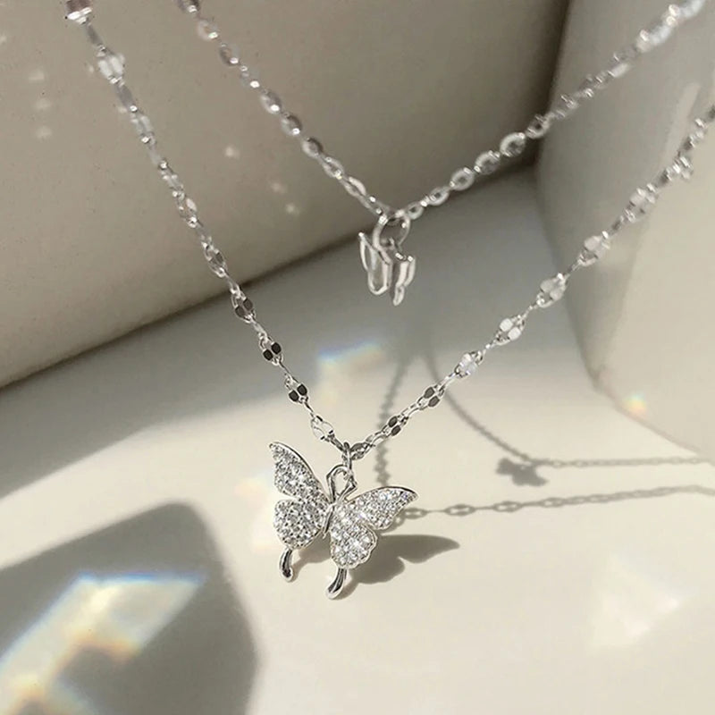 Shiny Butterfly Necklace - Double Layer Clavicle Chain Jewelry for Women