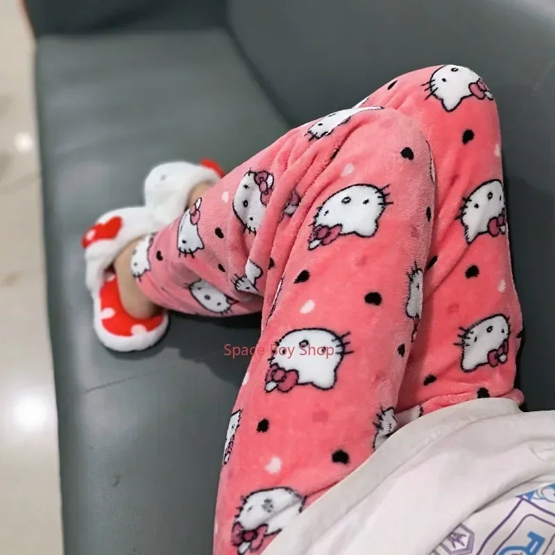 Hello Kitty Fleece Pajama Pants for Women – Thicken Anime Trousers, Ideal for Gifting