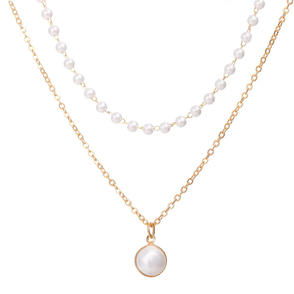 Vintage Pearl Choker Necklace for Women - Elegant Double Layer Pendant