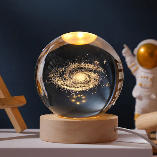 3D Crystal Ball Night Light | Glass Planet LED Light with Wooden Base, Universe Birthday Gift