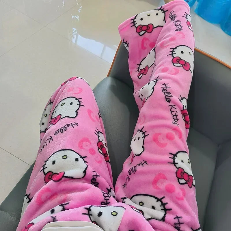 Hello Kitty Fleece Pajama Pants for Women – Thicken Anime Trousers, Ideal for Gifting