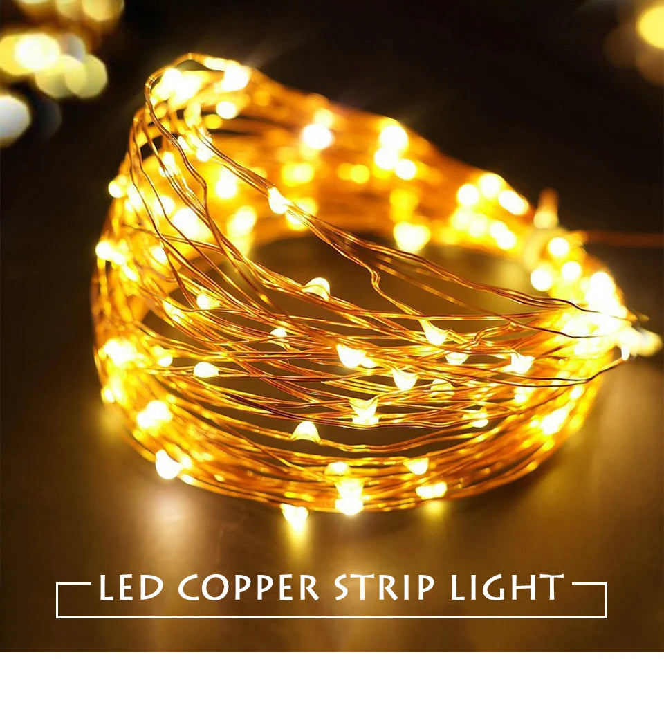 Holiday Decor with Copper Wire LED Tinsel Garland – Battery Powered for Christmas