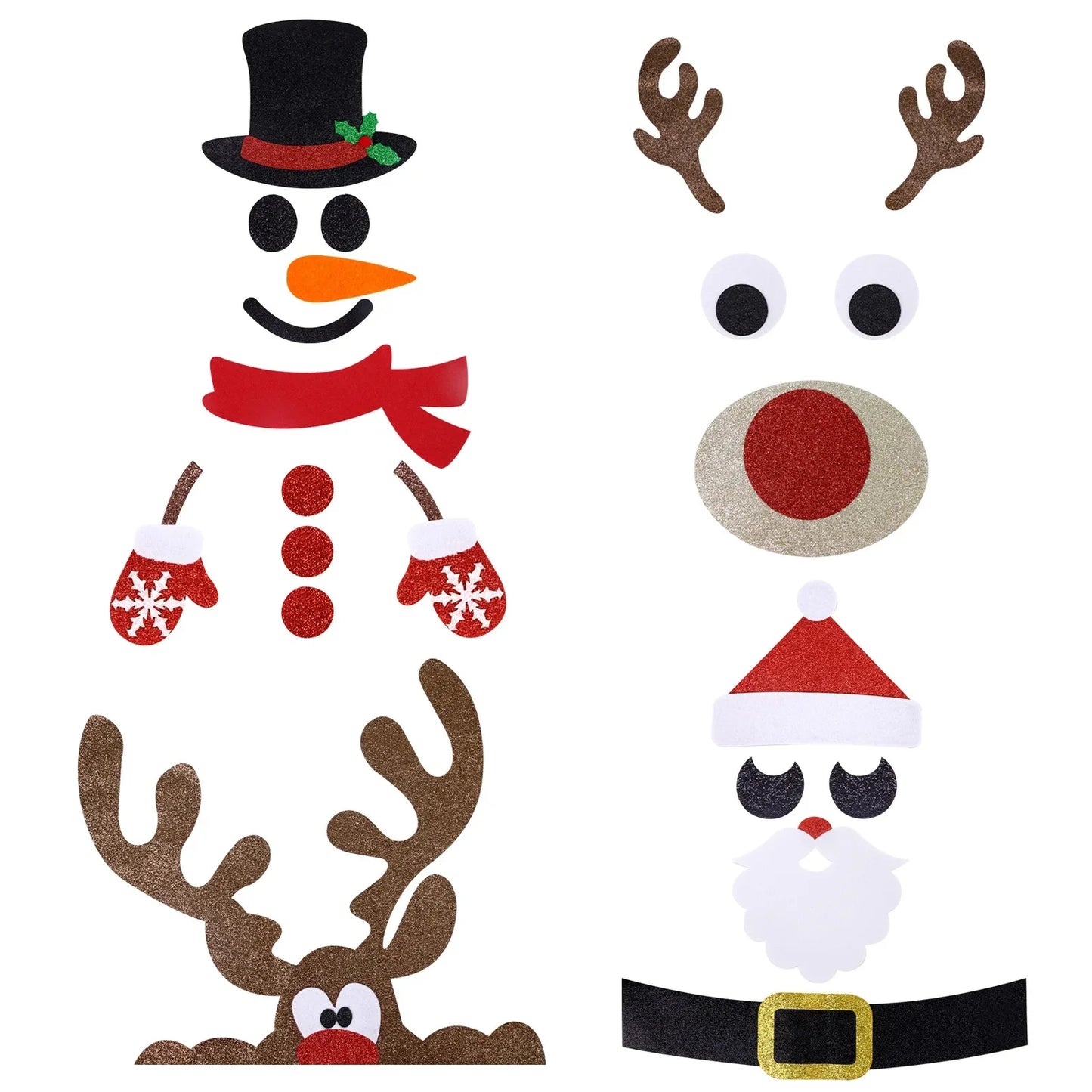 Merry Christmas Felt Window Stickers - Snowman, Santa, & Elk Decor