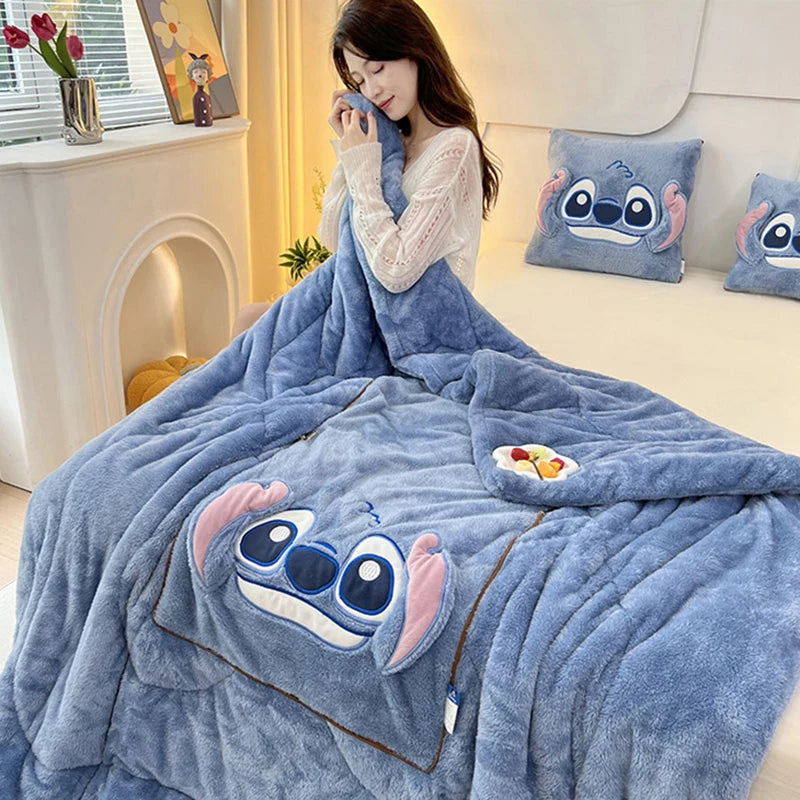 Disney Stitch Throw Pillow Blankets 2 In 1 Flannel Pillow Thickened Nap Blanket Room Decor Cushion of Rest Bedroom Decoration