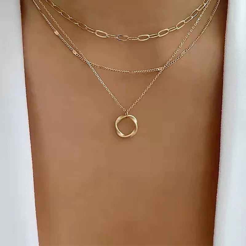 Vintage Multi Layered Gold Necklace - Circle Pendant Necklace for Women