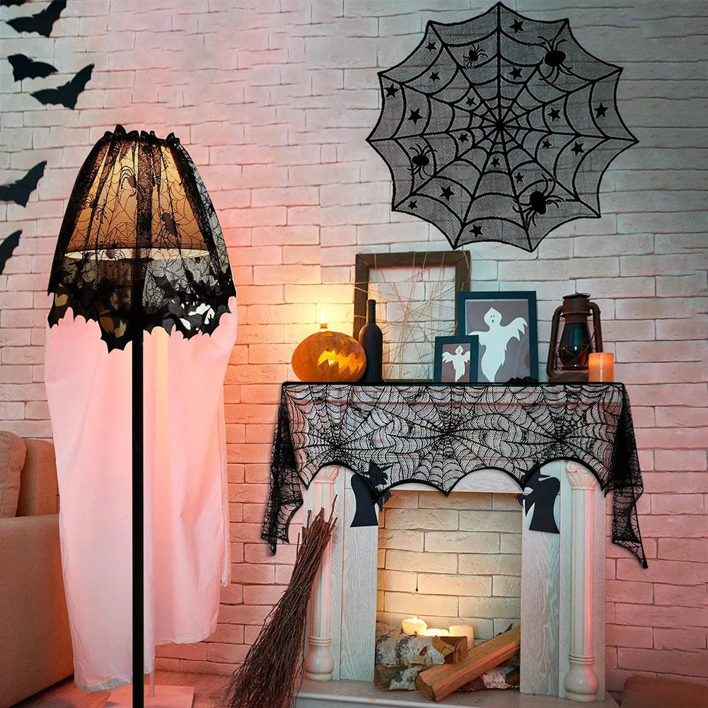 Haunted Halloween Spider Web Lace Tablecloth - Spooky Black Decor for Parties & Events