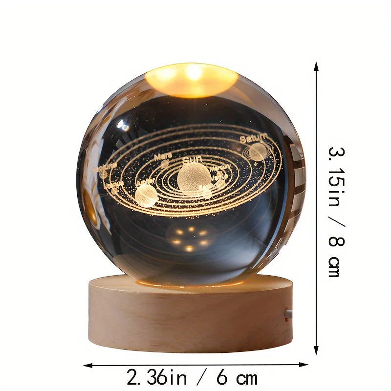 3D Crystal Ball Night Light | Glass Planet LED Light with Wooden Base, Universe Birthday Gift