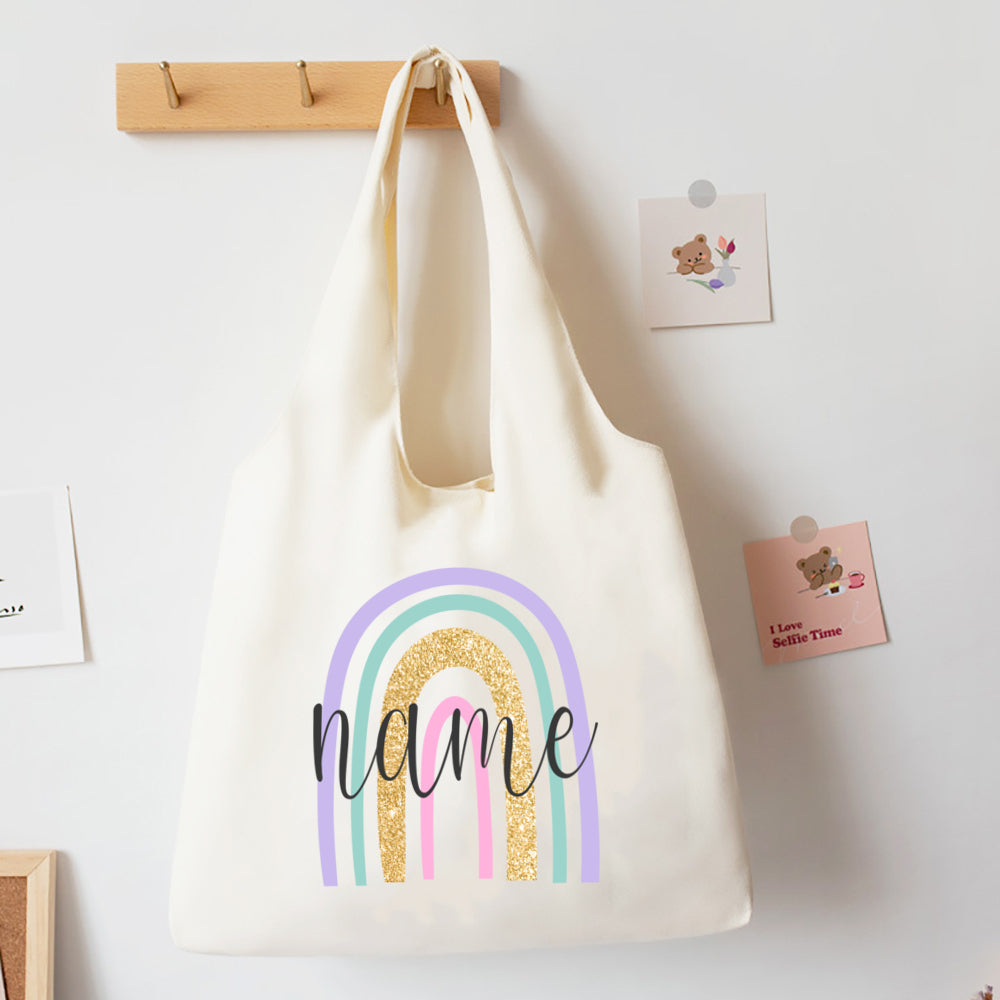 Personalised Rainbow Canvas Shoulder Bag - Custom Name Tote