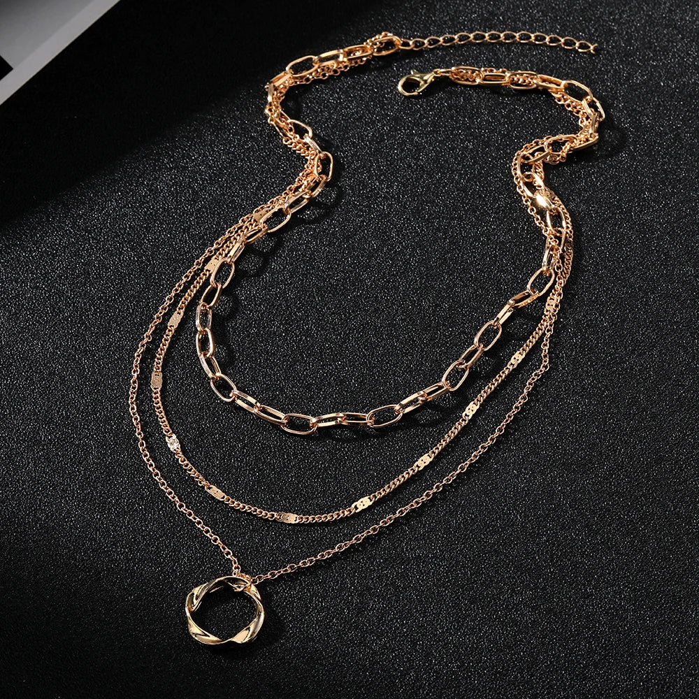 Vintage Multi Layered Gold Necklace - Circle Pendant Necklace for Women