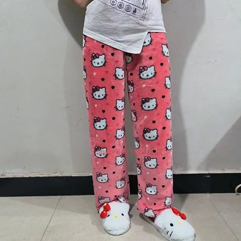 Hello Kitty Fleece Pajama Pants for Women – Thicken Anime Trousers, Ideal for Gifting