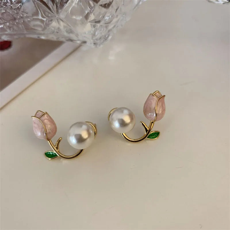 Tulip Flower Stud Earrings - Light Luxury Imitation Pearl Jewelry for Women