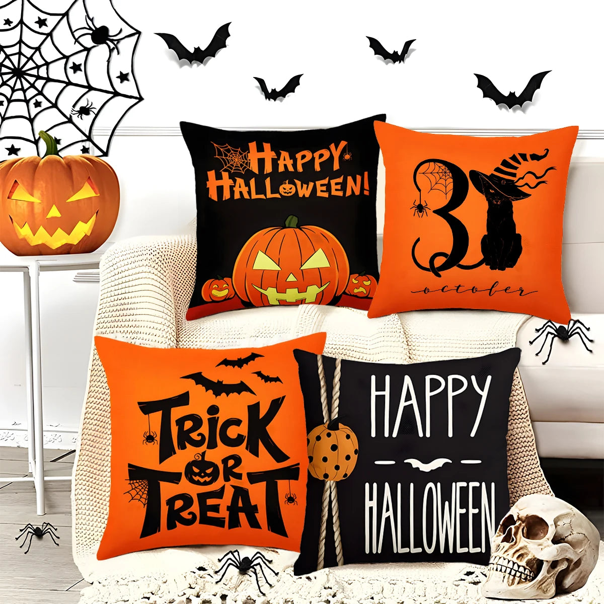 Halloween Linen Cushion Cover - Trick or Treat Theme with Cartoon Pumpkin & Ghost