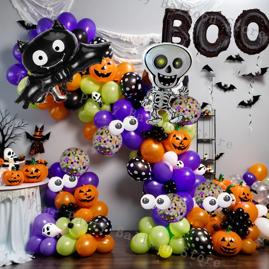 Halloween Balloon Garland Arch Kit - Skeleton & Bat Foil Balloons with Bat Stickers for Halloween Birthday Party Decor