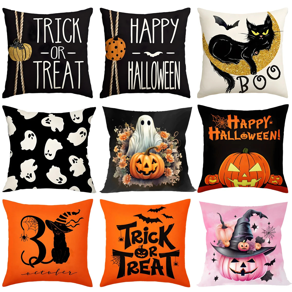 Halloween Linen Cushion Cover - Trick or Treat Theme with Cartoon Pumpkin & Ghost