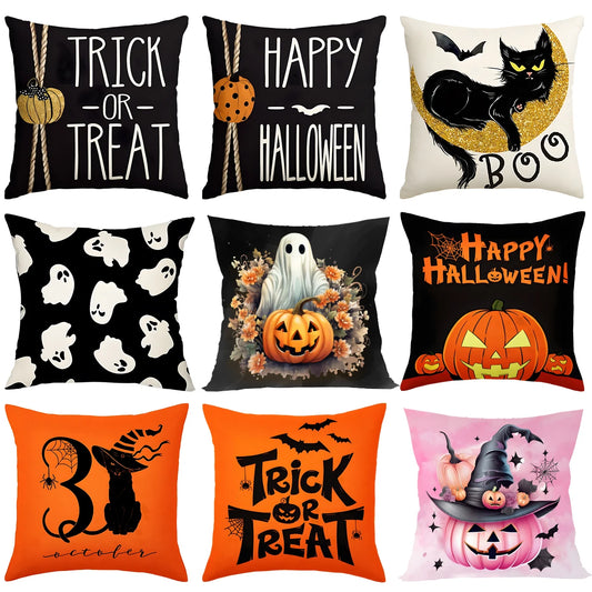 Halloween Linen Cushion Cover - Trick or Treat Theme with Cartoon Pumpkin & Ghost