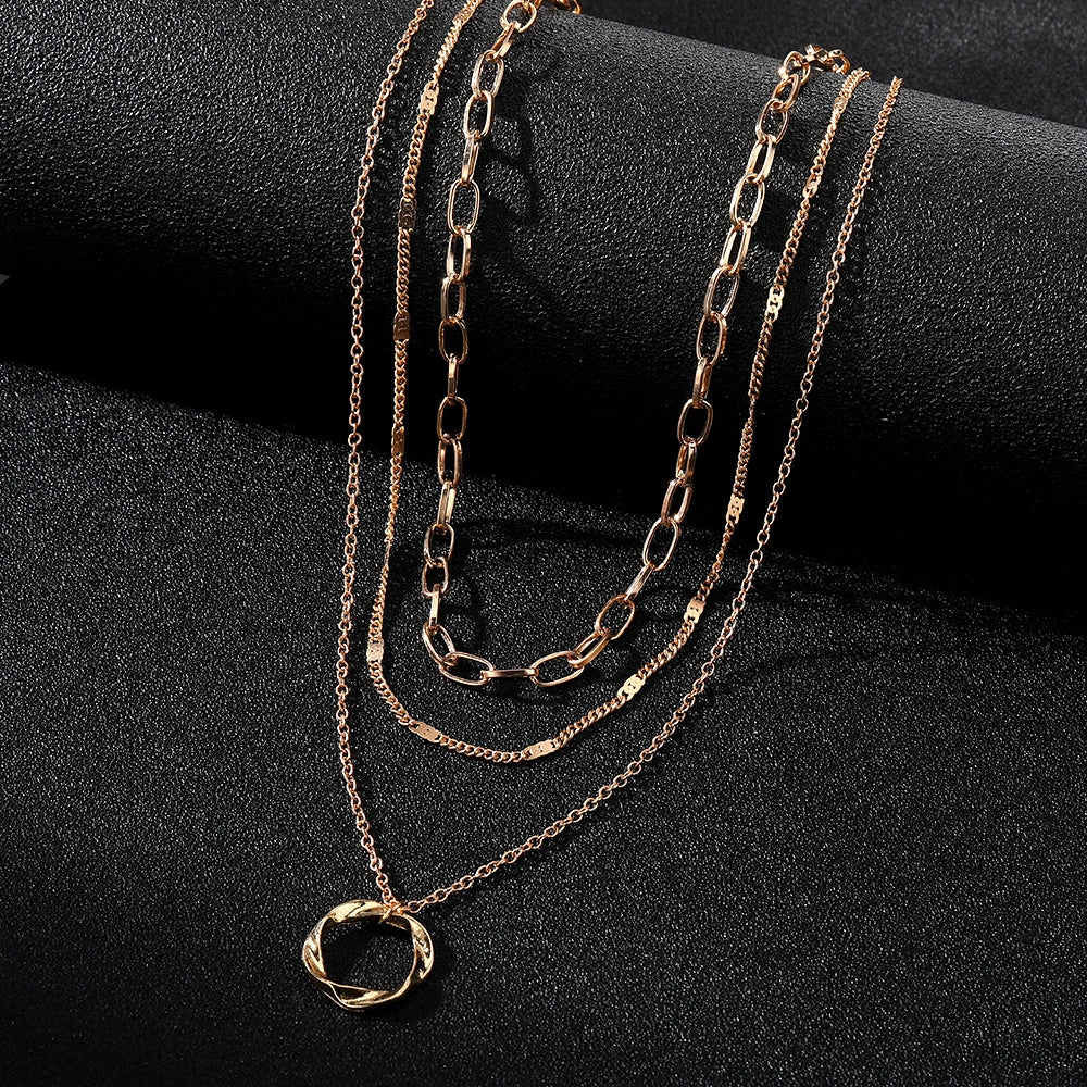 Vintage Multi Layered Gold Necklace - Circle Pendant Necklace for Women