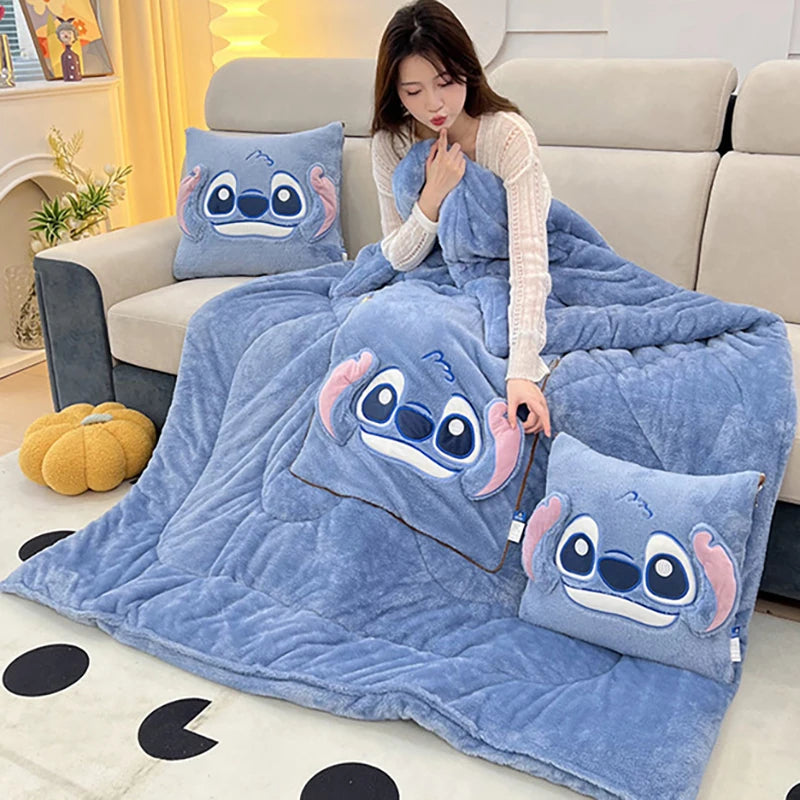 Disney Stitch Throw Pillow Blankets 2 In 1 Flannel Pillow Thickened Nap Blanket Room Decor Cushion of Rest Bedroom Decoration