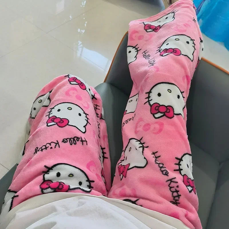 Hello Kitty Fleece Pajama Pants for Women – Thicken Anime Trousers, Ideal for Gifting