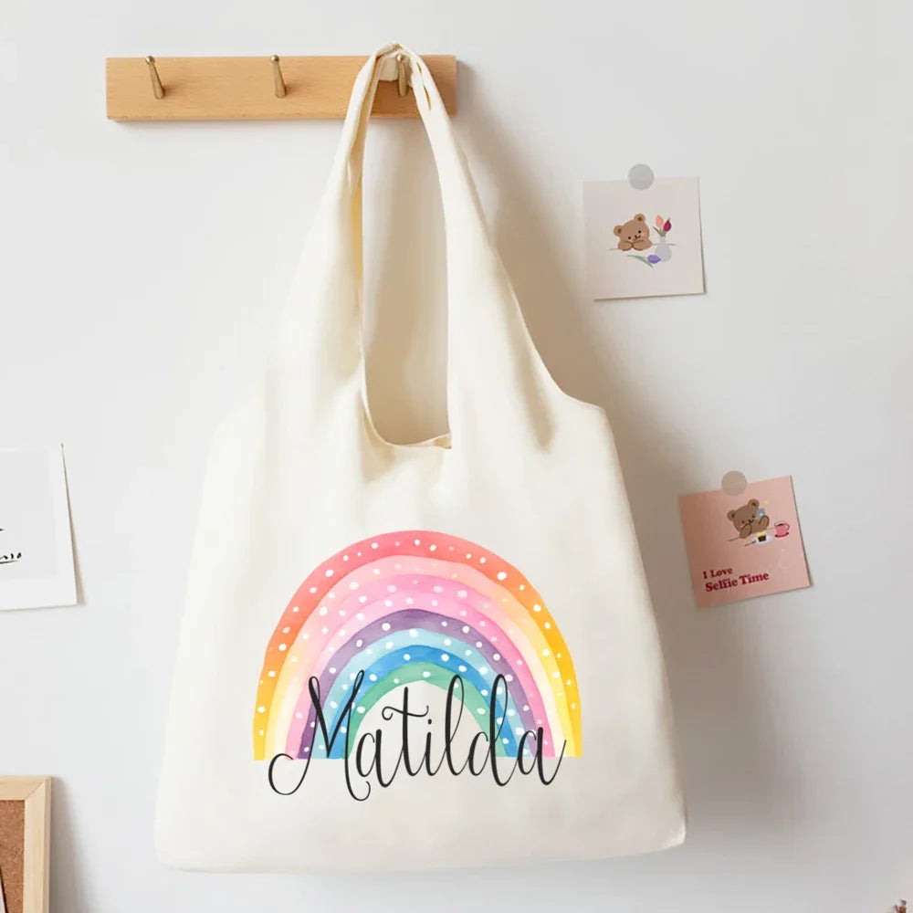 Personalised Rainbow Canvas Shoulder Bag - Custom Name Tote