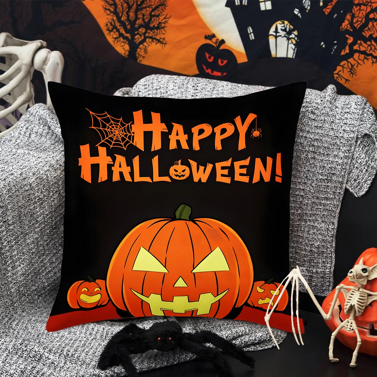 Halloween Linen Cushion Cover - Trick or Treat Theme with Cartoon Pumpkin & Ghost