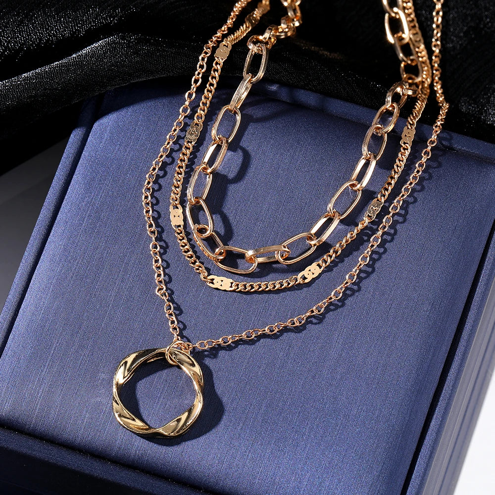 Vintage Multi Layered Gold Necklace - Circle Pendant Necklace for Women