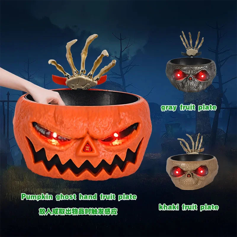 Pumpkin Candy Bowl with Animated Hand - Spooky Decoration Props, LED Eyes, Sound Effects for Haunted House, Party, Bar Table Decor