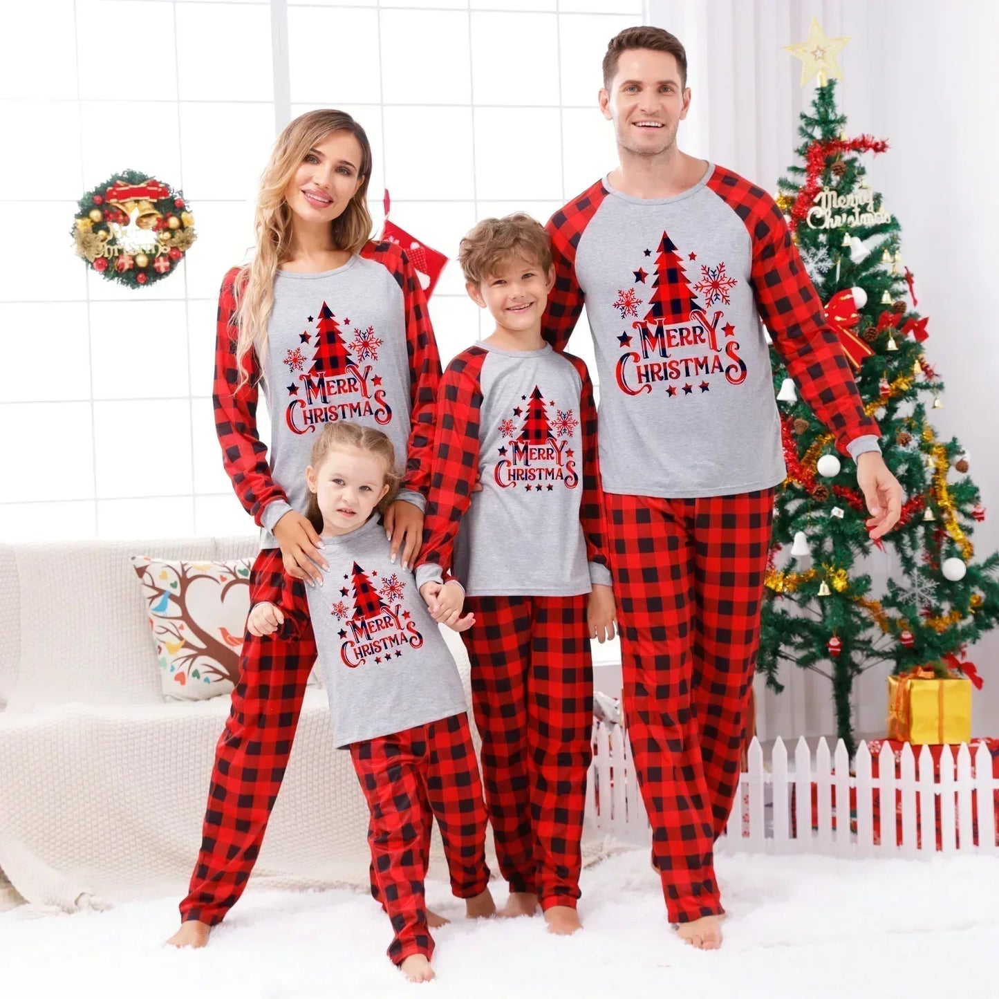 Christmas Pajamas Set for Family, Couples & Kids - Santa Tree Print Matching Outfits