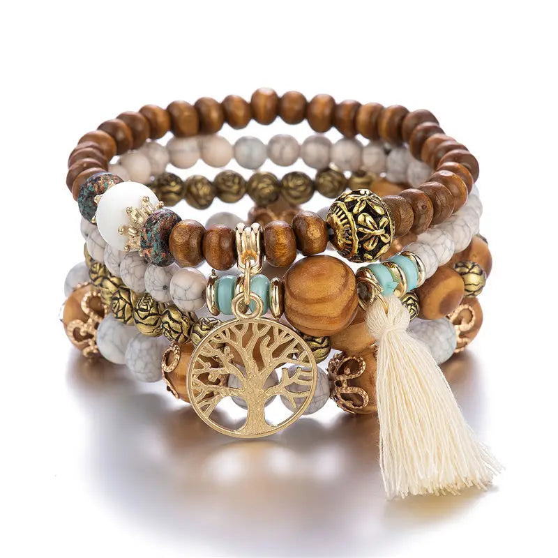 Crystal & Metal Wooden Strand Bracelets - Trendy Multilayer Jewelry