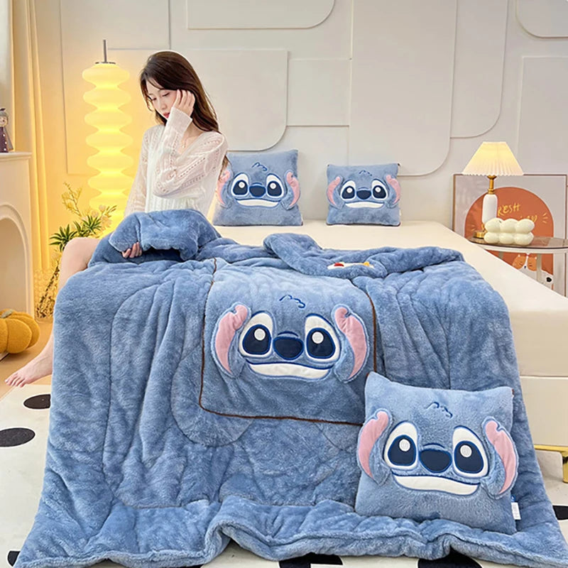 Disney Stitch Throw Pillow Blankets 2 In 1 Flannel Pillow Thickened Nap Blanket Room Decor Cushion of Rest Bedroom Decoration