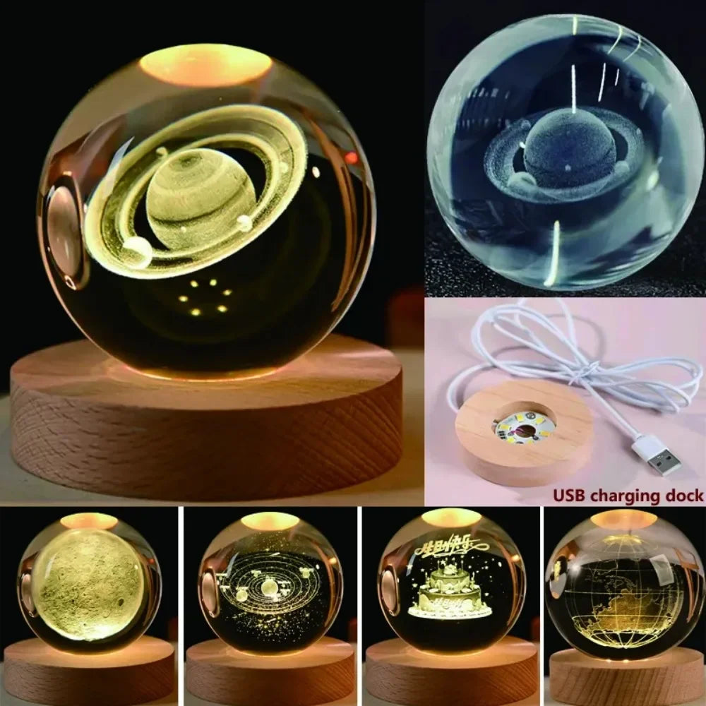 3D Crystal Ball Night Light | Laser Engraved Solar System Globe for Astronomy Lovers