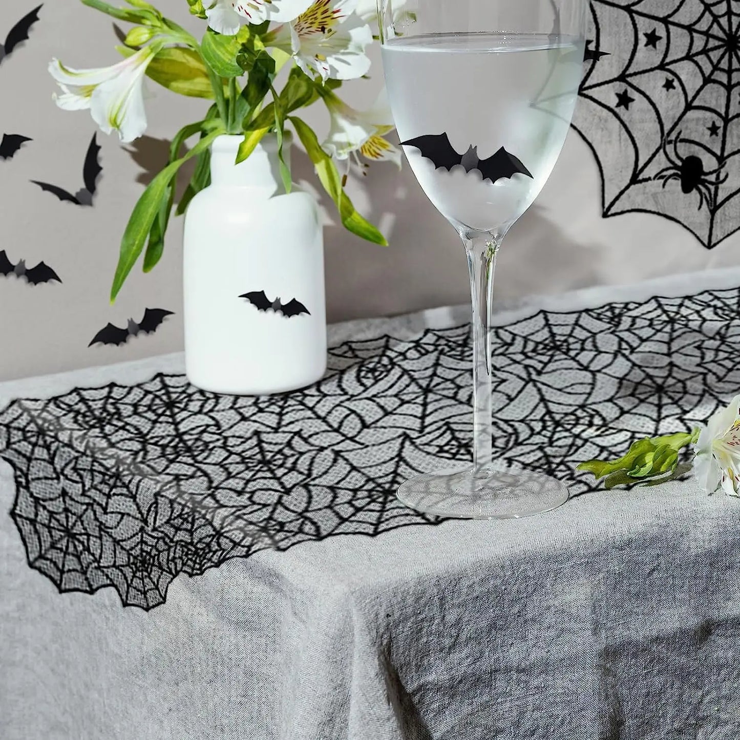 Haunted Halloween Spider Web Lace Tablecloth - Spooky Black Decor for Parties & Events