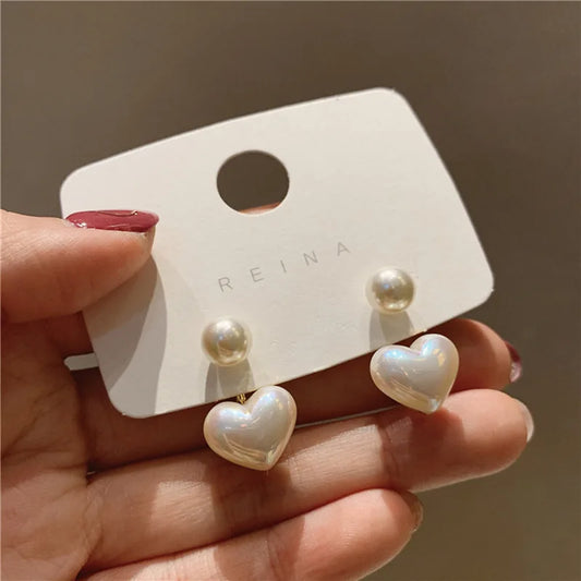 Heart and Round Pearl Earrings - Classic Studs for Party or Wedding