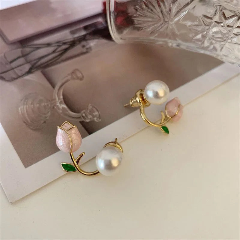 Tulip Flower Stud Earrings - Light Luxury Imitation Pearl Jewelry for Women