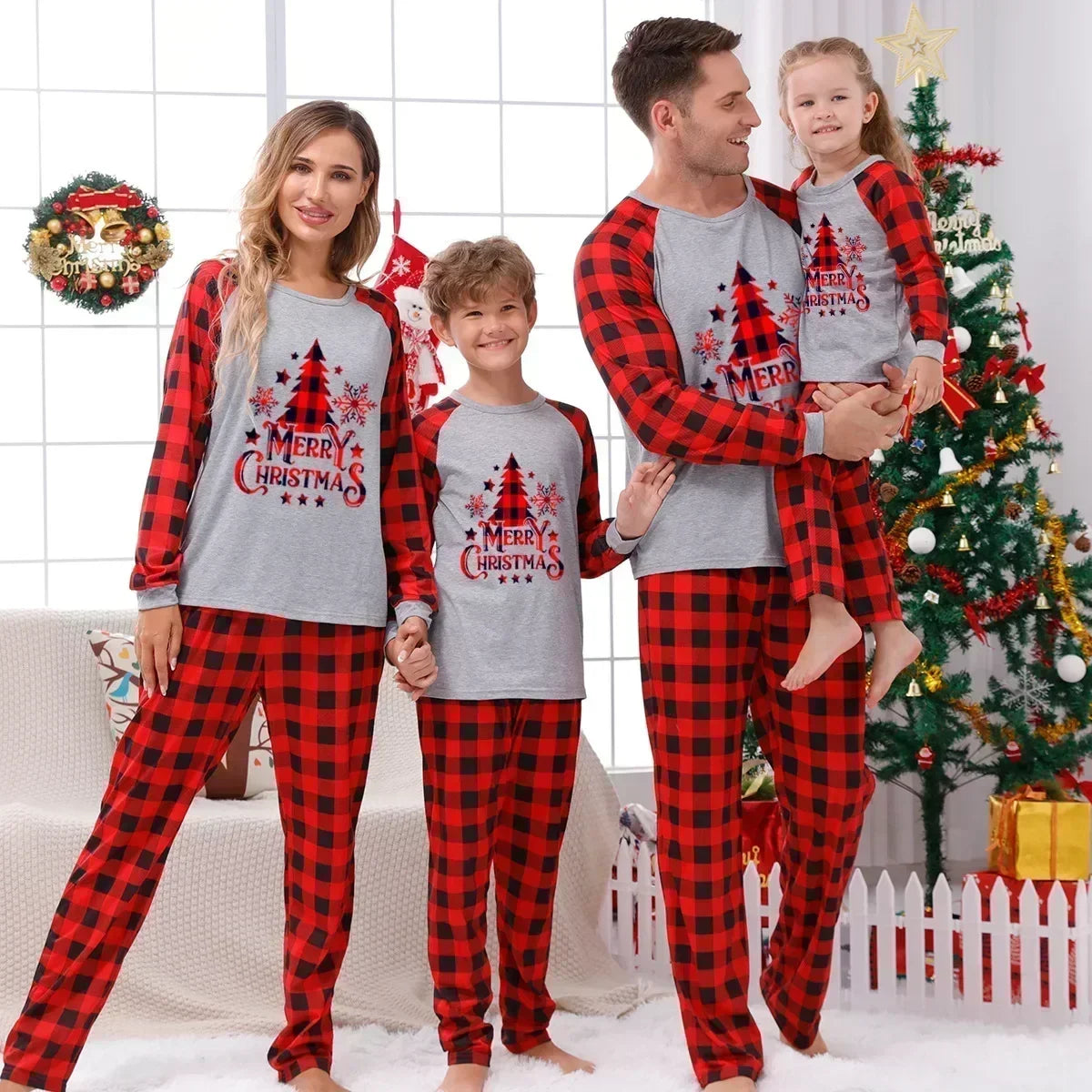 Christmas Pajamas Set for Family, Couples & Kids - Santa Tree Print Matching Outfits