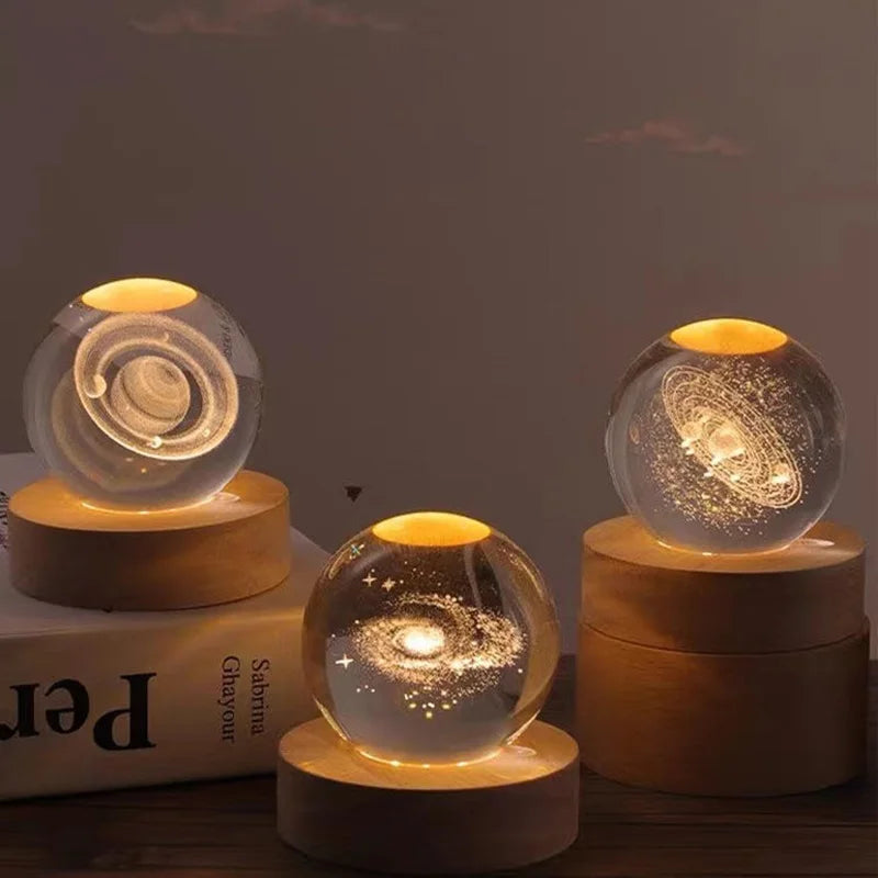 3D Crystal Ball Night Light | Glass Planet LED Light with Wooden Base, Universe Birthday Gift