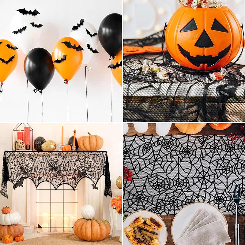 Haunted Halloween Spider Web Lace Tablecloth - Spooky Black Decor for Parties & Events