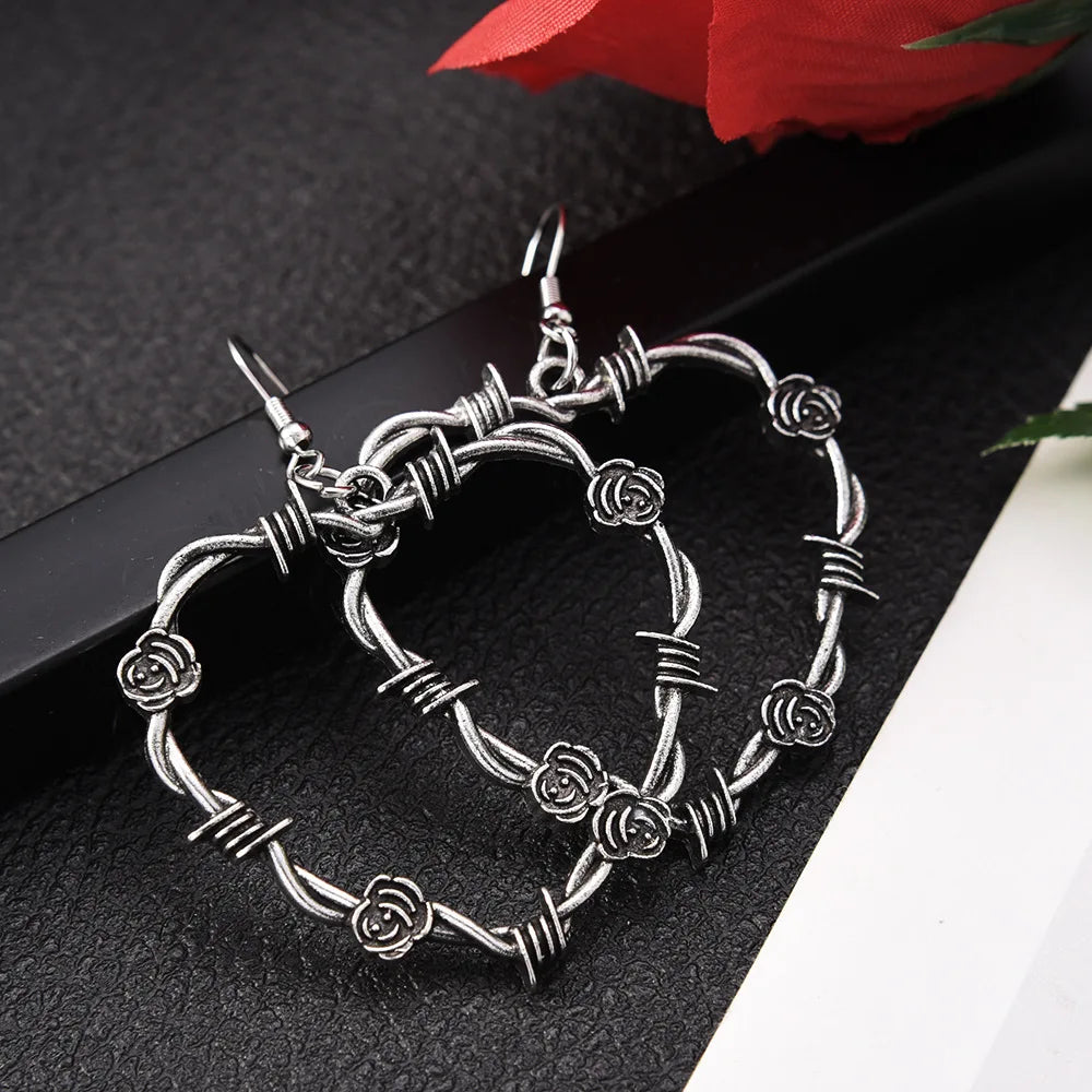 Gothic Wire Heart Earrings - Rose Black Heart Drop Jewelry