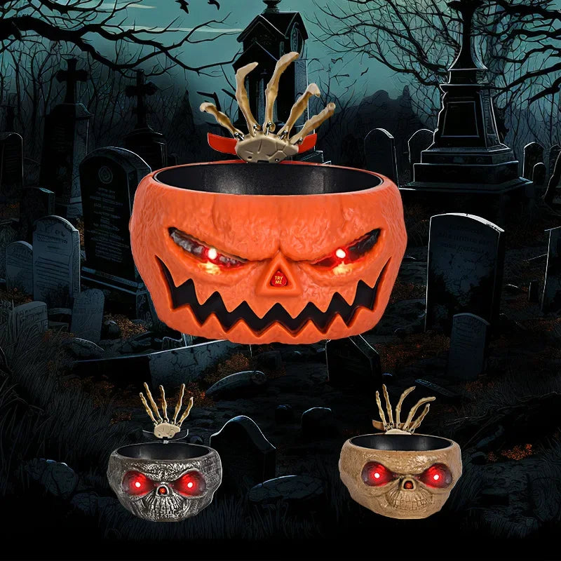 Pumpkin Candy Bowl with Animated Hand - Spooky Decoration Props, LED Eyes, Sound Effects for Haunted House, Party, Bar Table Decor